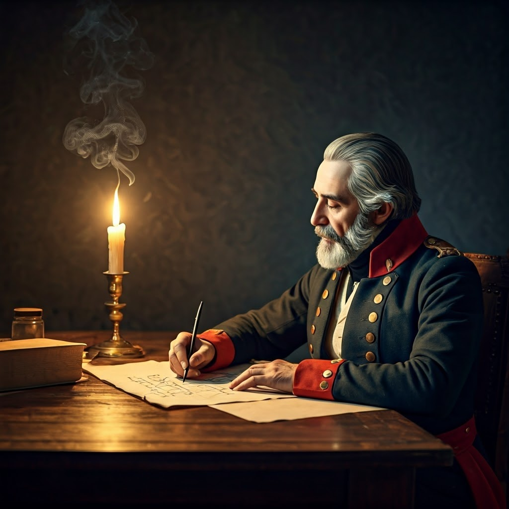 Sadi Carnot writing by candlelight, sketching an ideal heat engine on parchment in a quiet study