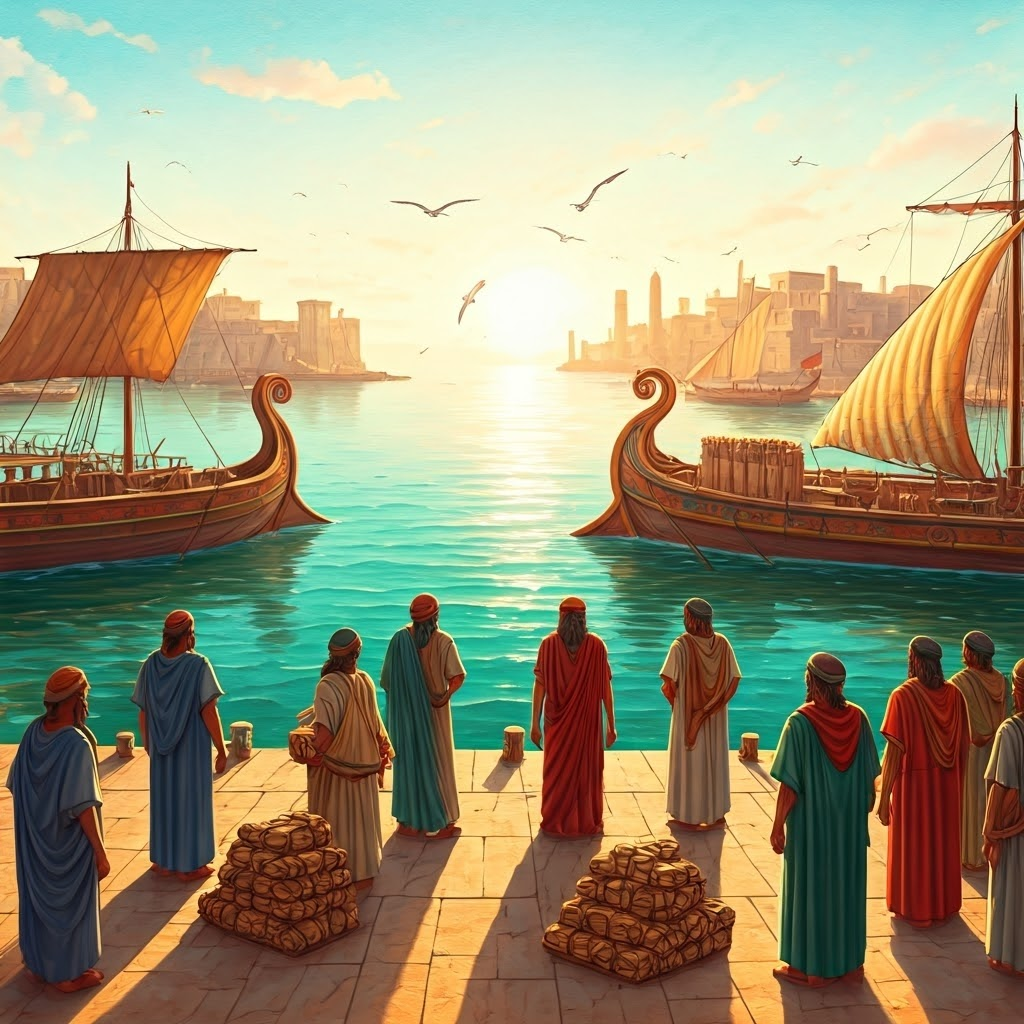 Sunrise over Alexandria harbor with merchants unloading papyrus and scholars debating, illustrating the city’s vibrant cultural exchange.
