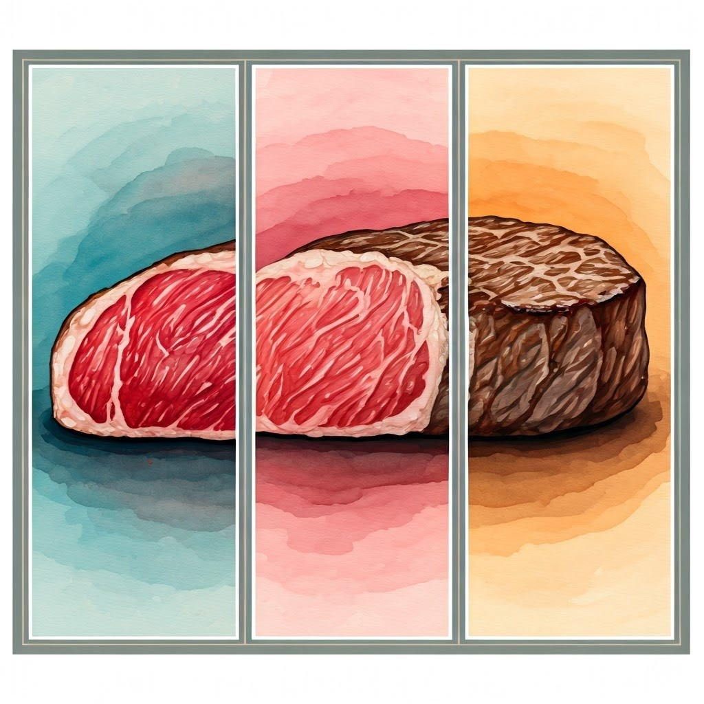Triptych of steak at rare, medium, and well-done stages