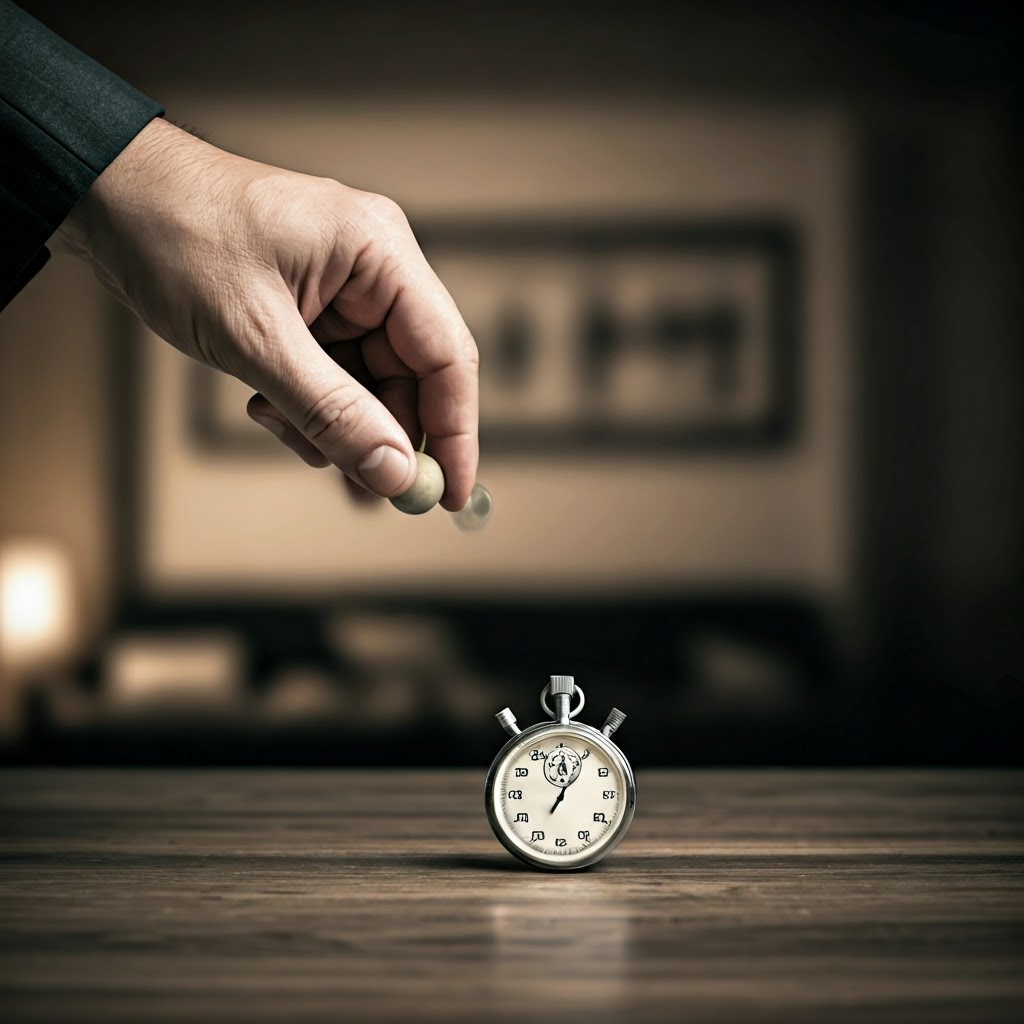 Hand releasing a ball beside a ticking stopwatch, timing the fall