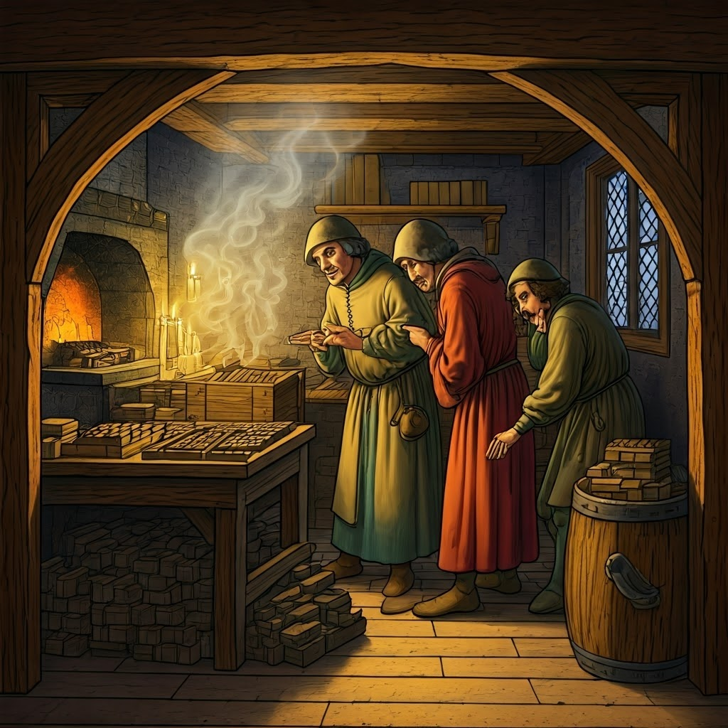 Medieval print shop with glowing furnace, inventor inspecting fresh type, and warm candlelight highlighting wooden blocks