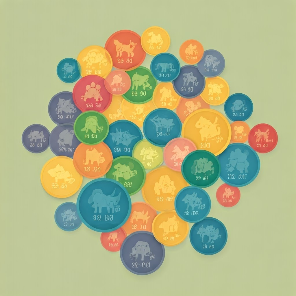 Stylized dog icons arranged into colored clusters with average weight labels