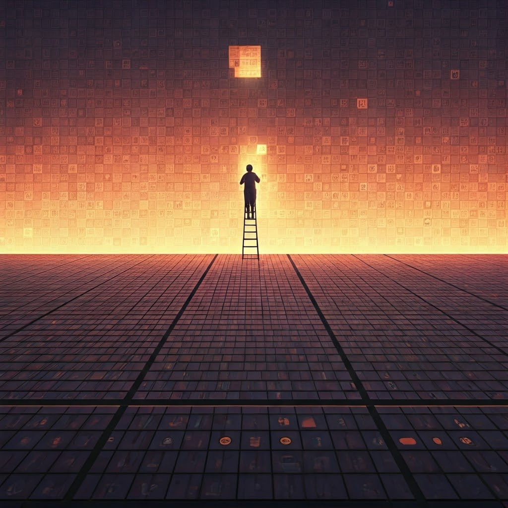 An expansive digital canvas stretching to the horizon, populated by tiny posts, memes, and user avatars in a mosaic. A person on a ladder adds a new brushstroke of pixel art. Style: large-scale concept art with ethereal lighting, serene pastel glows, intricate tile patterns, and a sense of infinite creativity that shows the ongoing communal digital canvas.