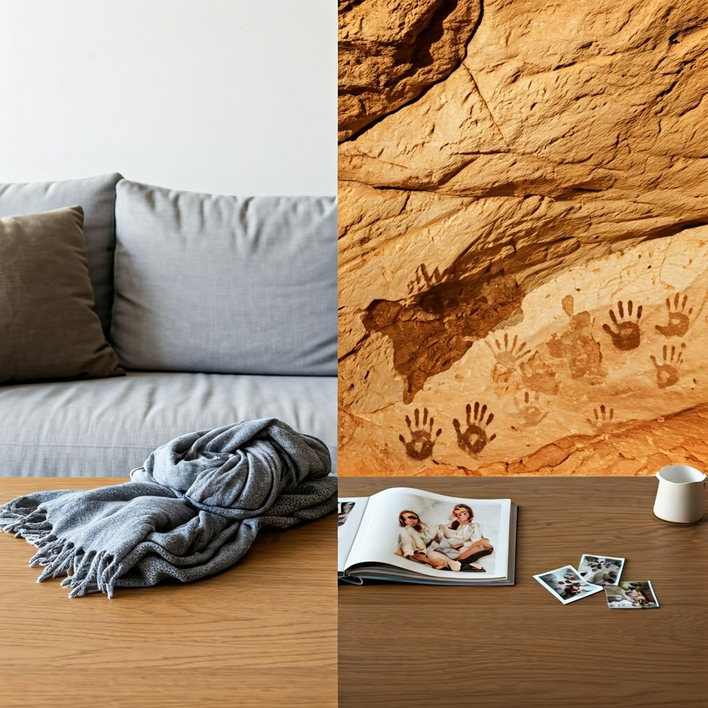 Modern family photos blend into a cave wall with ancient handprints and bison