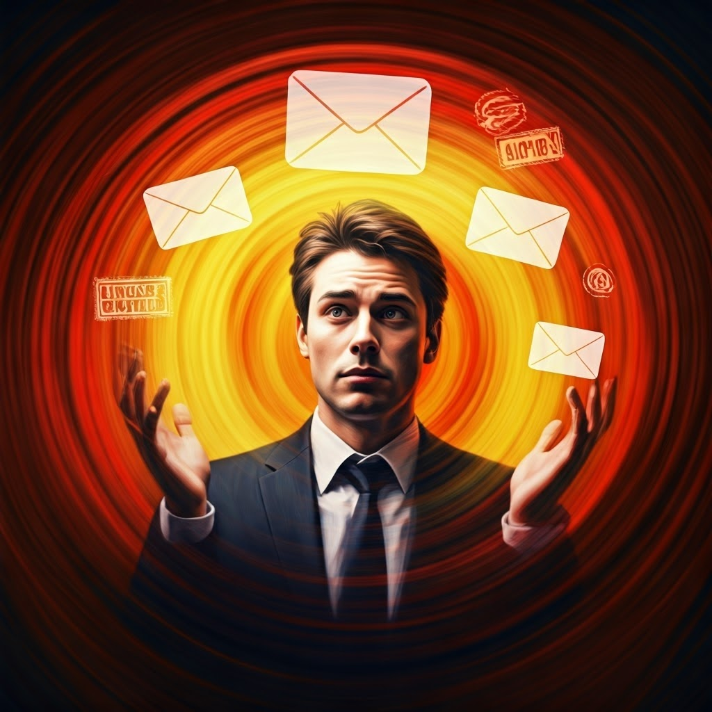 A blurred figure juggles swirling email icons, illustrating how distractions help scammers succeed.