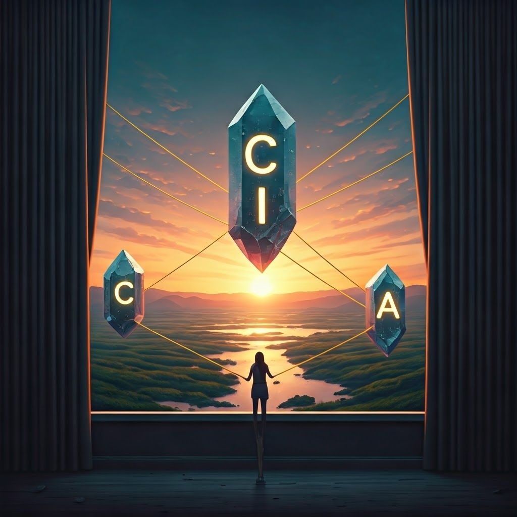 Three glowing crystals labeled C, I, A float above a dawn landscape, linked by golden threads to symbolize the CIA triad.