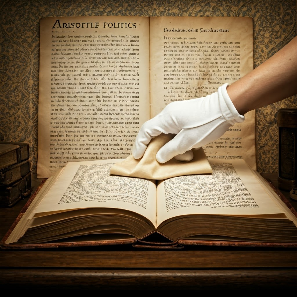 A scholar lifts a time-worn copy of Aristotle’s Politics, layered with centuries of commentary, showing how texts evolved through transmission.