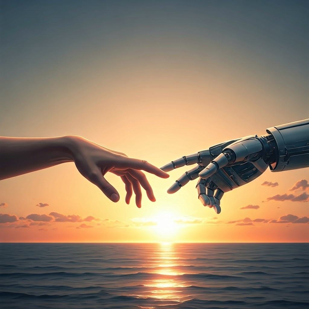 Human and robot hands almost touching under a sunrise, symbolizing hopeful collaboration