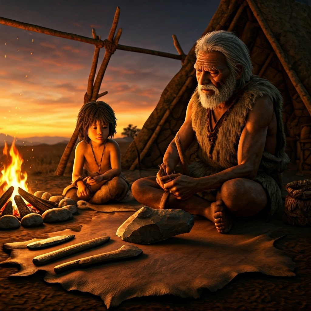 Elder knaps hand-axe as child watches by firelit camp, tools laid on leather mat.