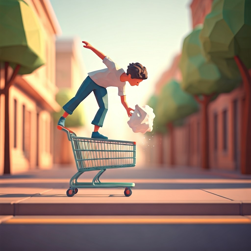 Person tossing a flour bag off a pastel shopping cart, cloud billows behind.