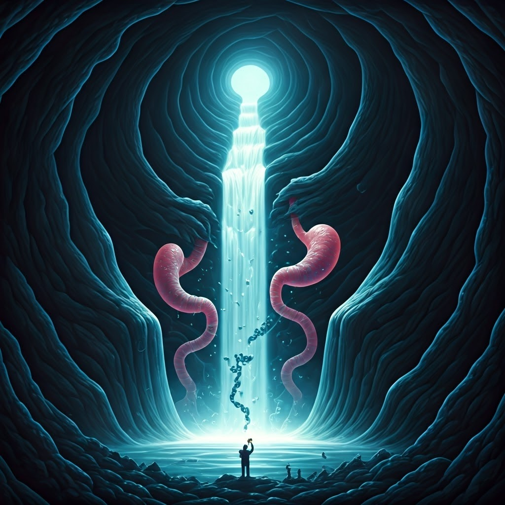 Fantasy waterfall of hydrochloric acid unraveling proteins inside a stomach cave.