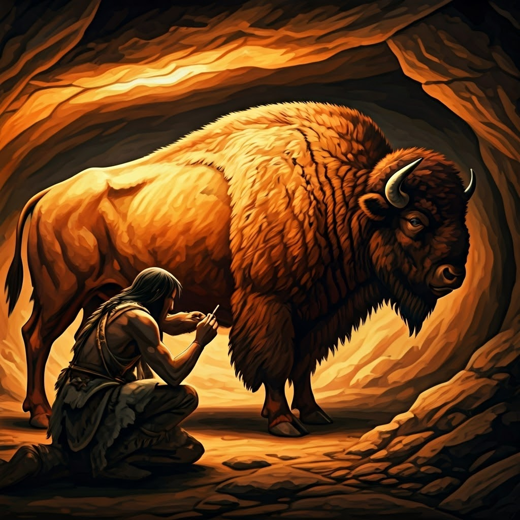 A hunter traces a bison outline with ochre, shadows dancing around him