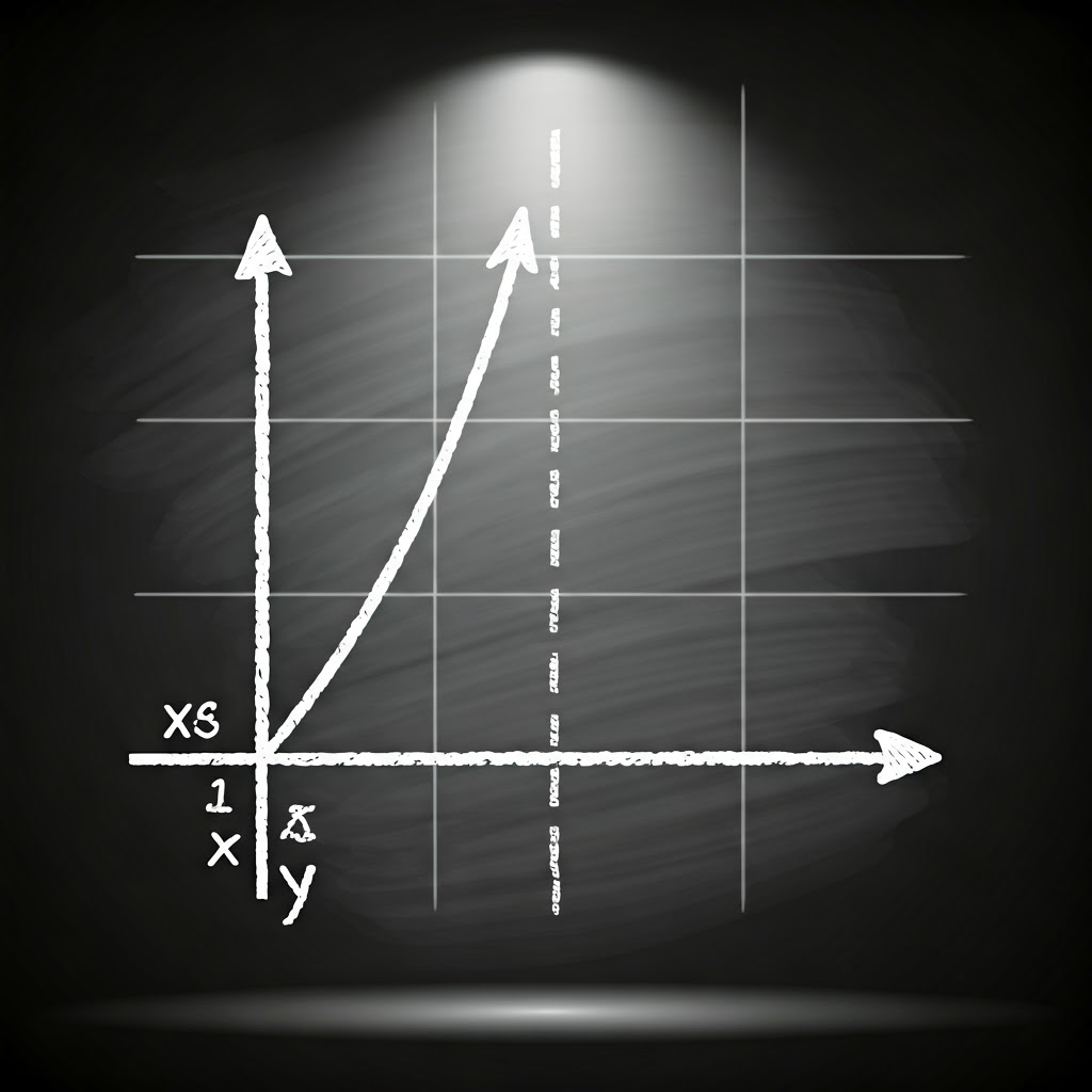 Chalkboard plot with light grid lines, bold axes, and chalk labels under a warm spotlight
