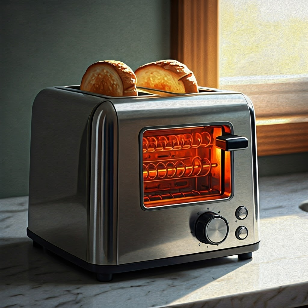 Toaster with glowing coils showing electricity turning into heat for crispy toast.