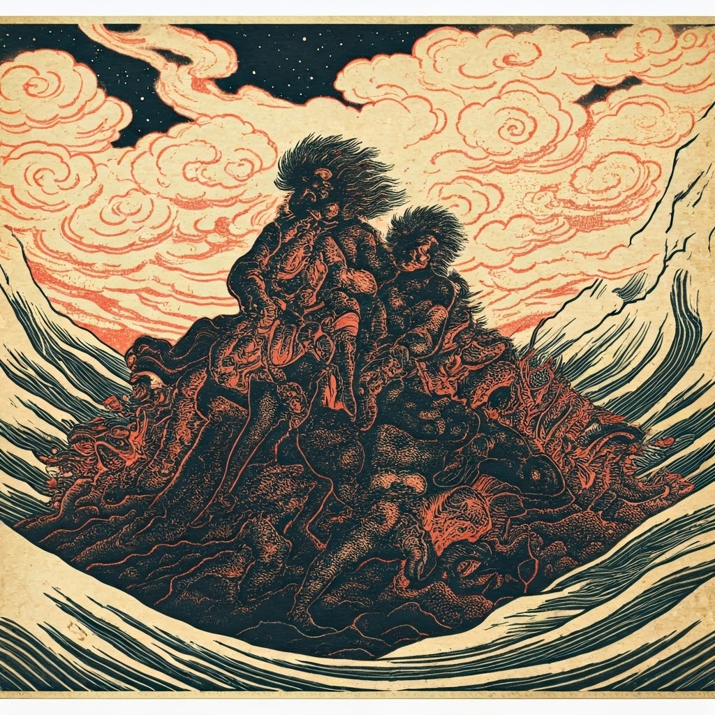 Heroic figures wrestle gods and beasts atop swirling clouds in an ancient woodblock-style scene