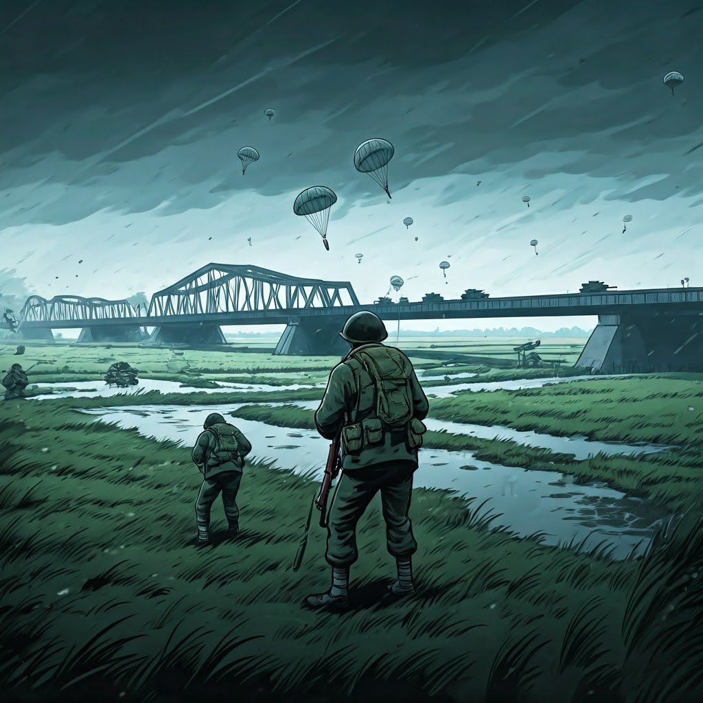 Paratroopers descend near Dutch bridges while tanks race forward under dusky skies.