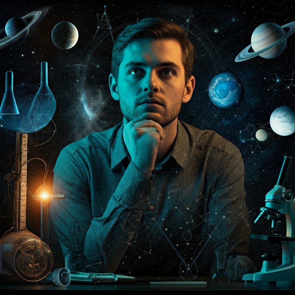 A modern mosaic of scientific symbols and planetary imagery, celebrating open inquiry