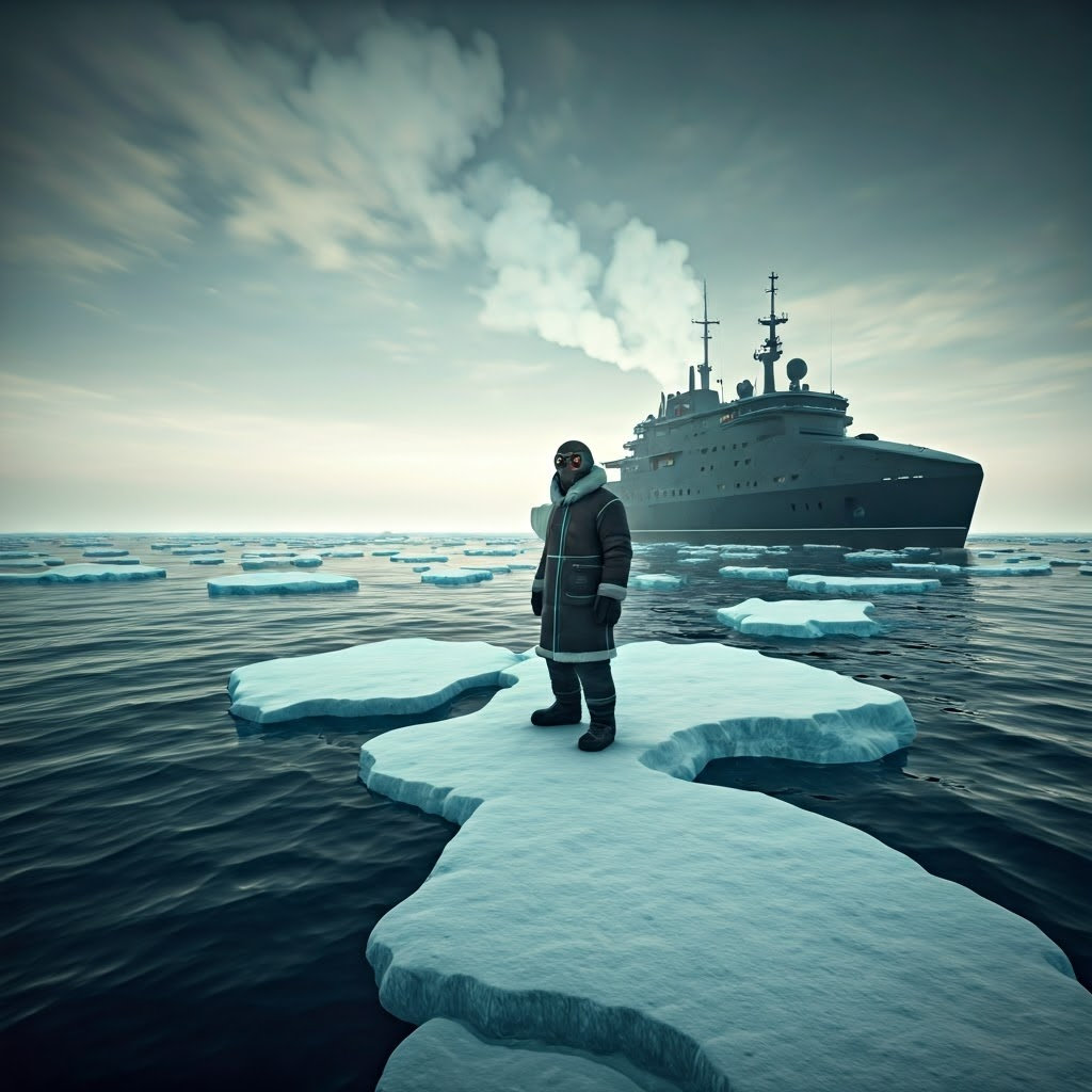 A lone polar explorer stands on fragile sea ice at twilight, a futuristic research ship glowing behind—capturing the Arctic’s eerie power and vastness.