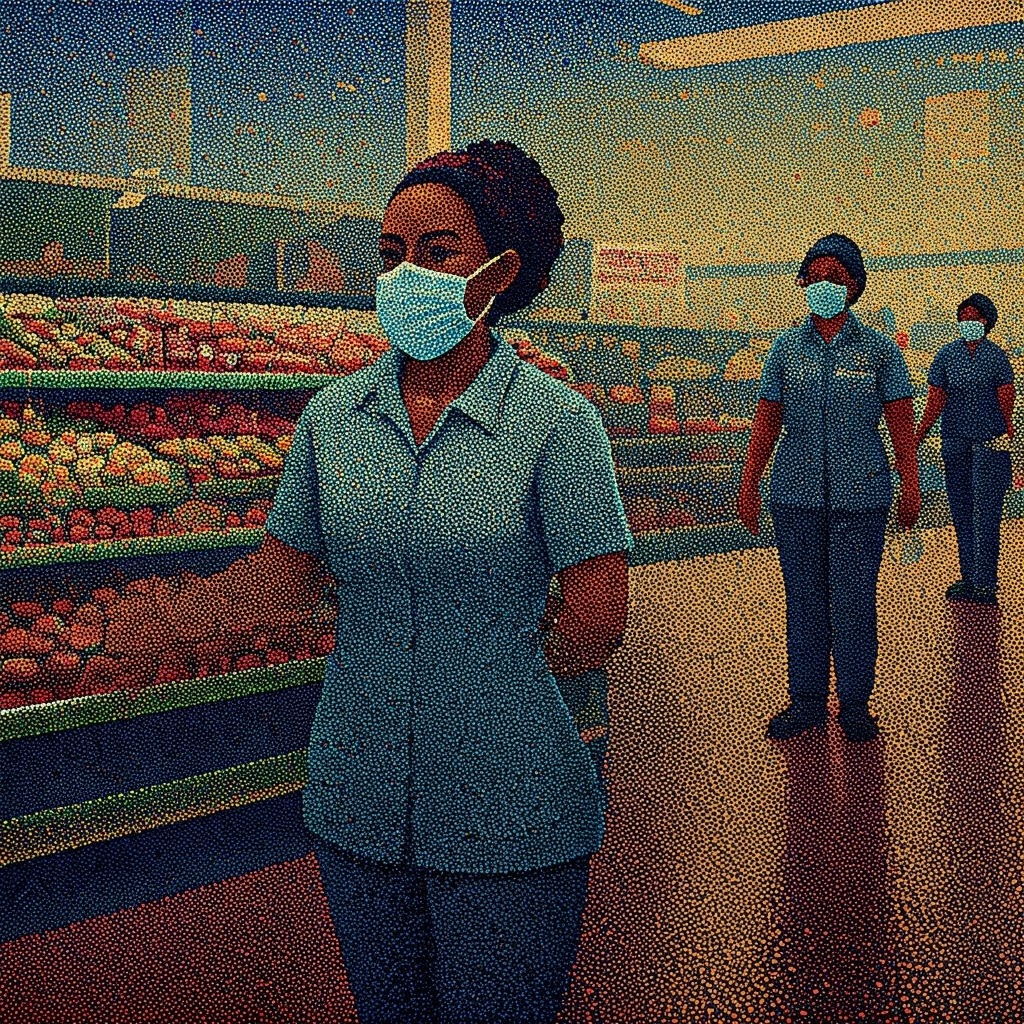 Pointillism scene of Black and Latina frontline workers during COVID-19—dots merge into a larger picture of disparity.