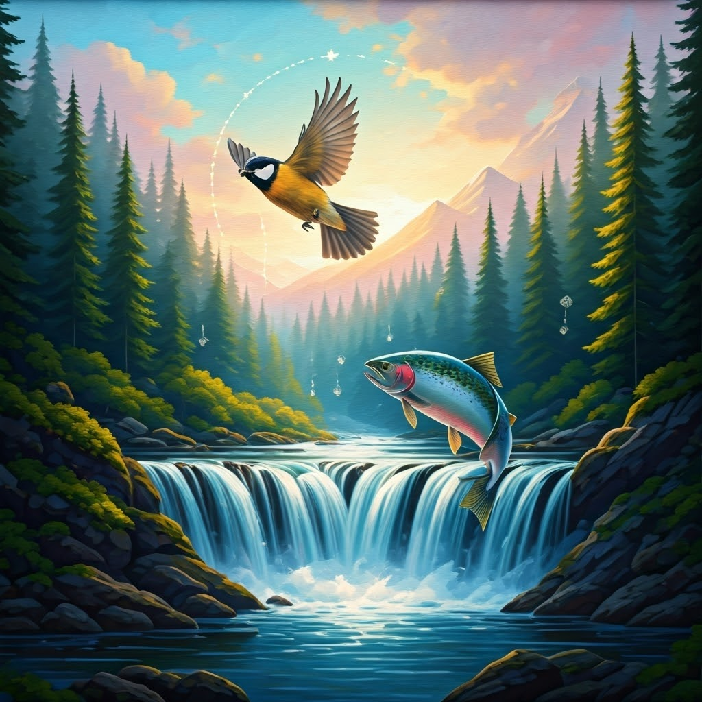 Vibrant impressionist painting of a salmon leaping a dawn waterfall while a young bird glides overhead, symbolizing instinctual migration