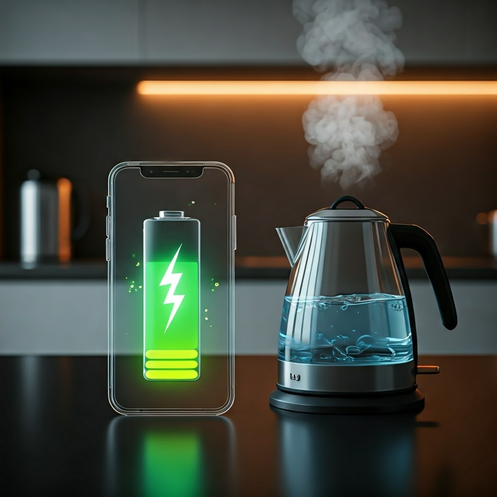 Transparent smartphone and steaming kettle side by side, comparing battery chemistry to thermal energy.