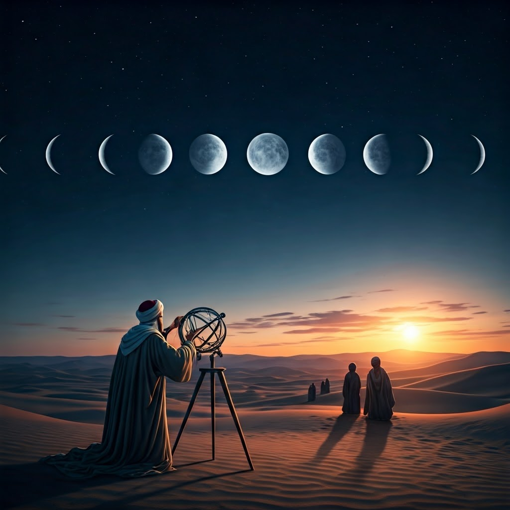 A night-sky panorama shows the moon’s phases above a desert where an Islamic scholar studies an astrolabe while villagers search for the new crescent.