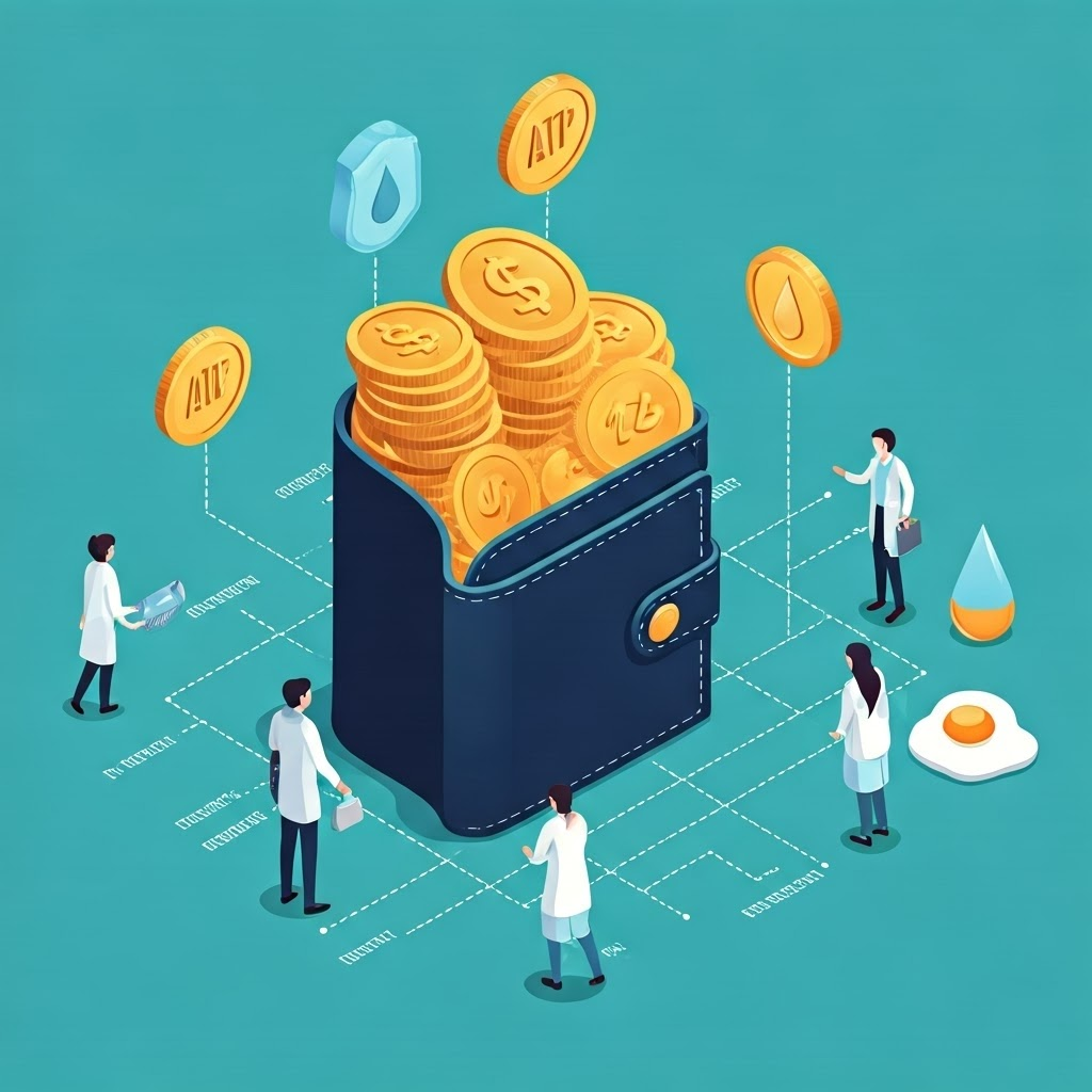 Isometric wallet overflowing with ATP coins connected to bread, fat, and eggs—showing how food funds cellular work.