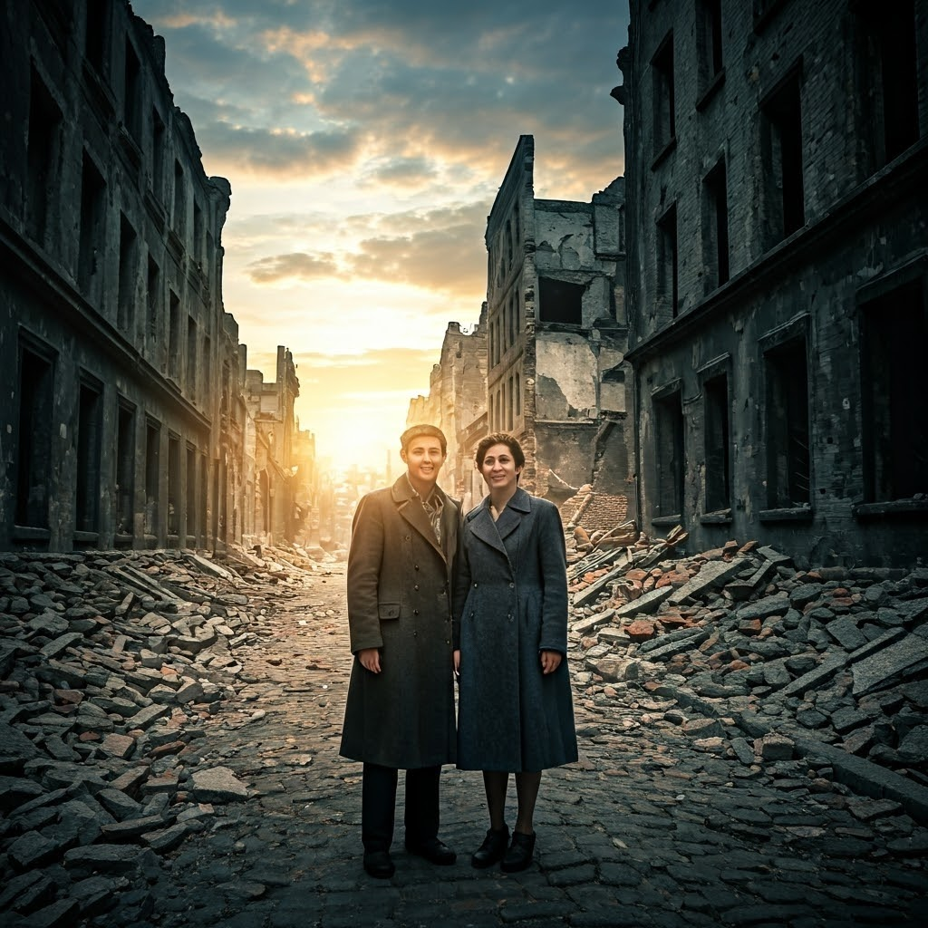 War-torn city ruins after WWII with two hopeful survivors at sunrise