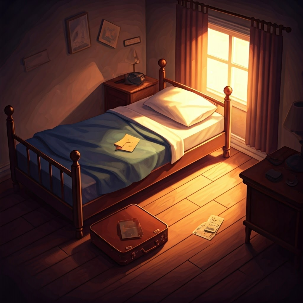 A quiet bedroom with a folded note, half-packed suitcase, and concert ticket, each object whispering part of a family’s history.