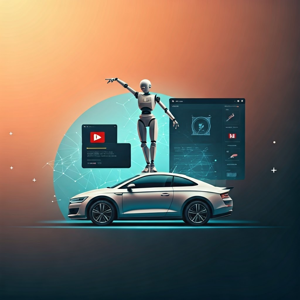 Collage linking a self-driving car, robot dancer, and streaming app through neural pathways
