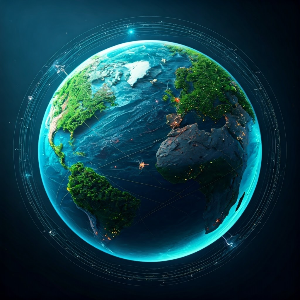 Globe showing data orbs racing through cables, satellites, and Wi-Fi links