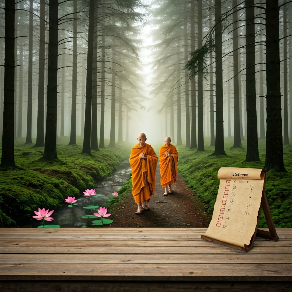 Buddhist monks on a forest path with a checklist of precepts floating nearby