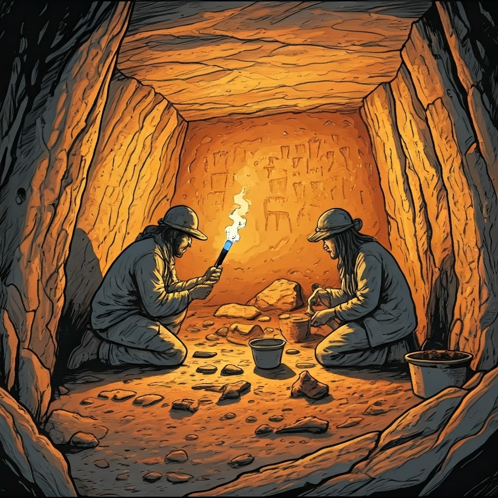 Archaeologists excavate a torch-lit burial pit in Qafzeh Cave, uncovering bones and red-ochre artifacts