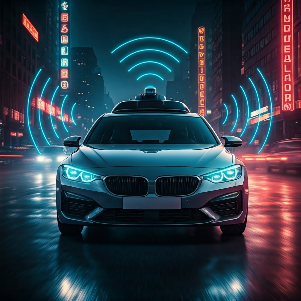 Self-driving car at dusk with highlighted sensor locations showcasing camera and radar coverage on wet city street