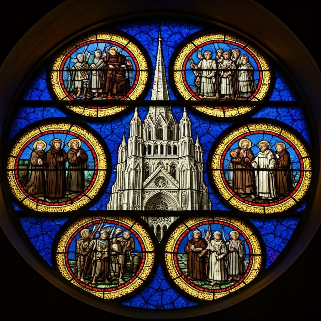 A glowing stained-glass design shows monks, knights, and peasants arranged around a cathedral spire, symbolizing the Church at the system’s center.