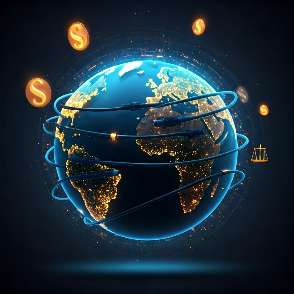 Globe wrapped in glowing data cables crossing borders with legal icons floating, dynamic graphic-novel style.