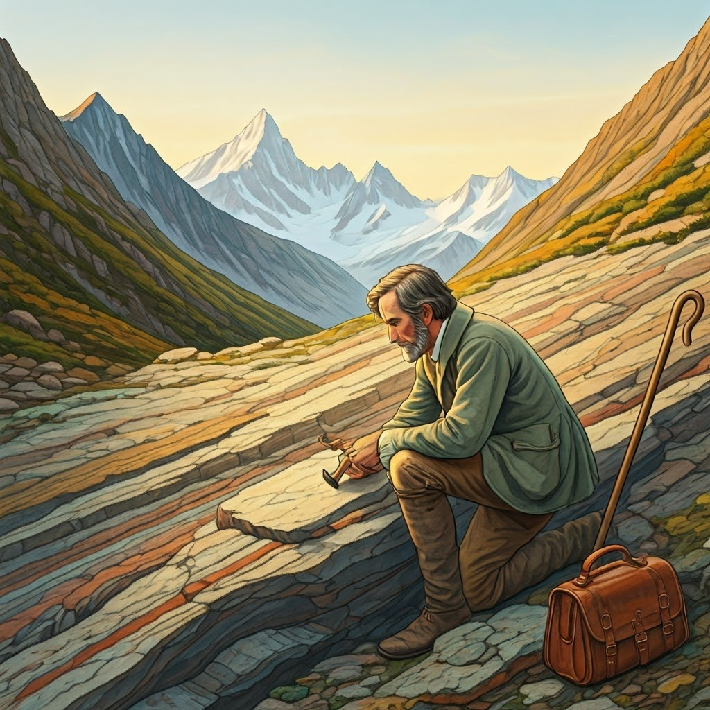 19th-century geologist examining layered rocks at dawn, representing Lyell’s uniformitarianism and deep time