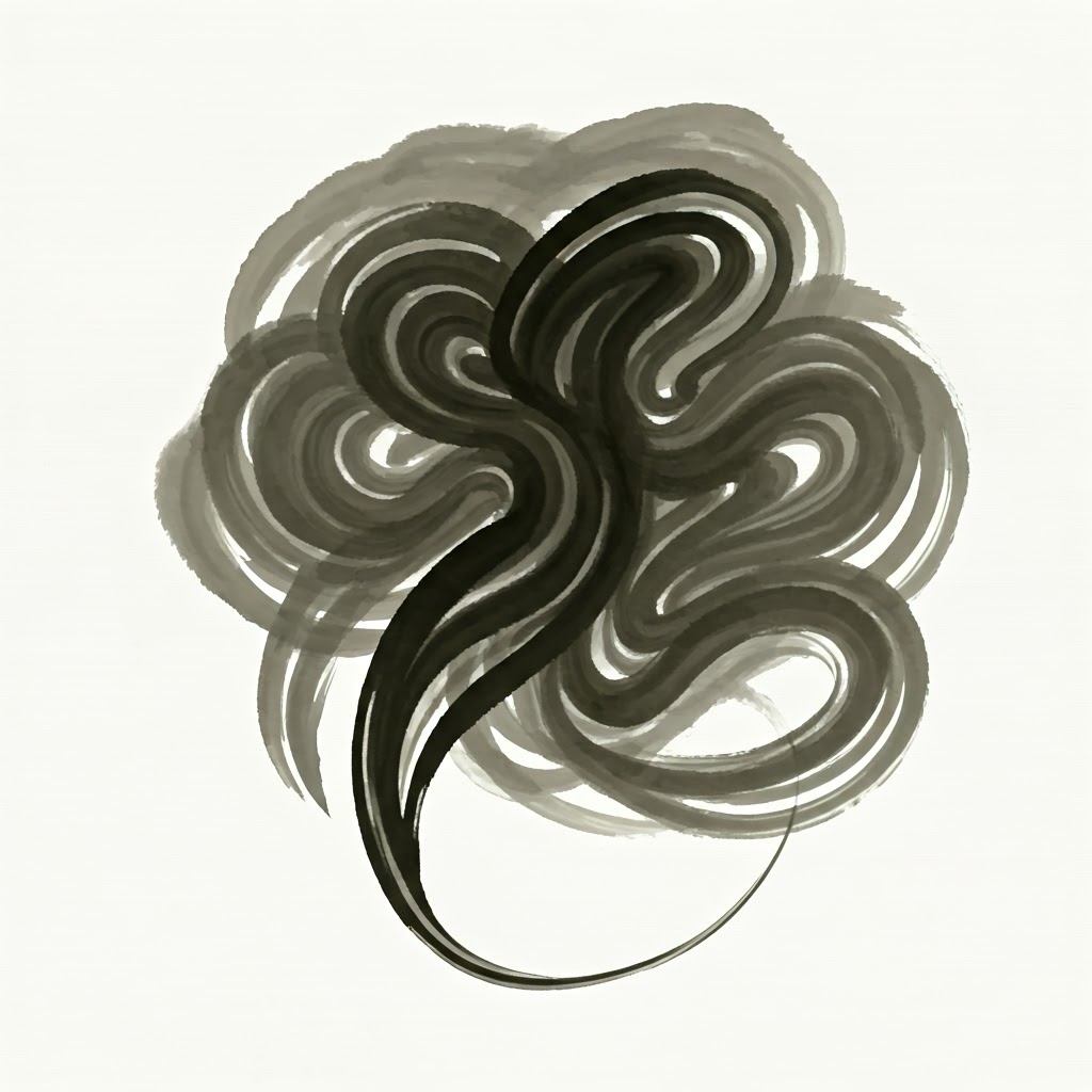 Sumi-e brush strokes forming an abstract neural network brain