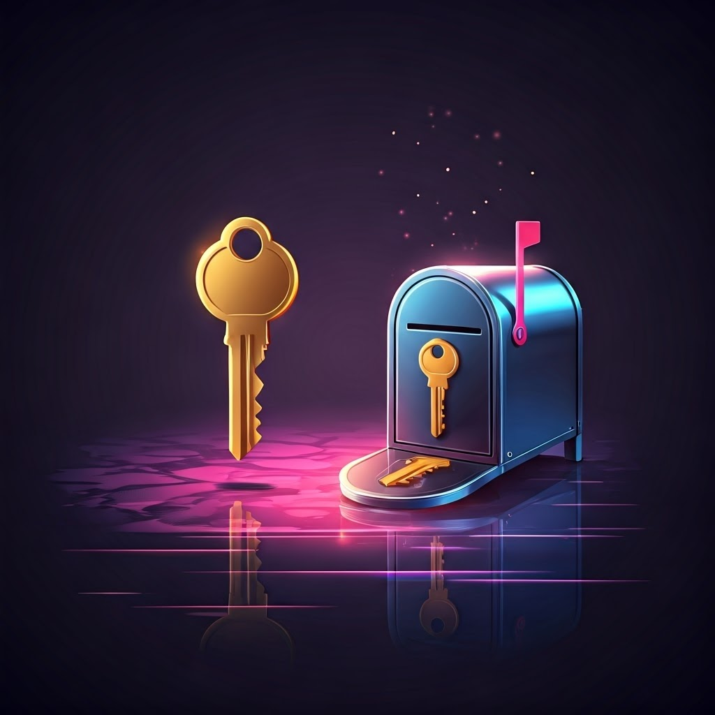 A glowing golden key hovers beside a futuristic mailbox, symbolizing symmetric and asymmetric keys.