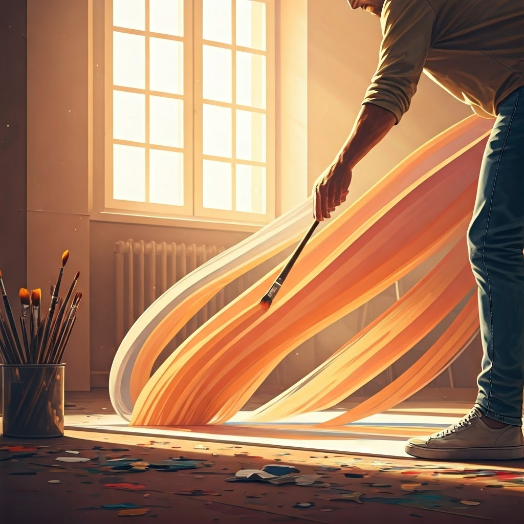 Artist in a sunlit studio, brush mid-stroke as colorful abstract shapes unfold on canvas, golden rays streaming through tall windows, conveying calm immersion and creative focus