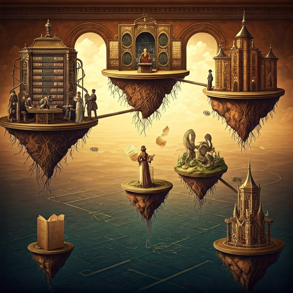 Steampunk map with floating librarians as DNS root servers, islands marked .com .org .uk as TLD servers, and castle-like authoritative servers, all linked by gears and scrolls