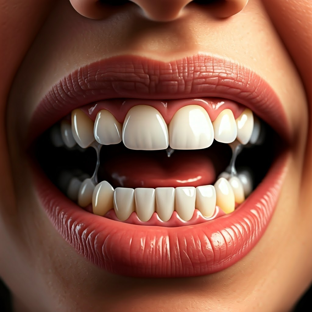 Human mouth biting a red apple, detailed close-up highlighting teeth and fruit texture.