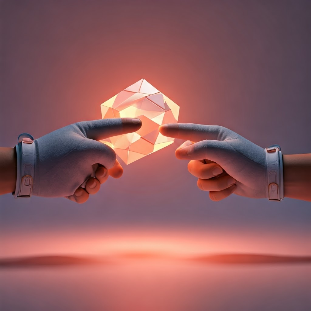 Hands wear finger-sensing controllers while pinching a virtual cube, pastel scene