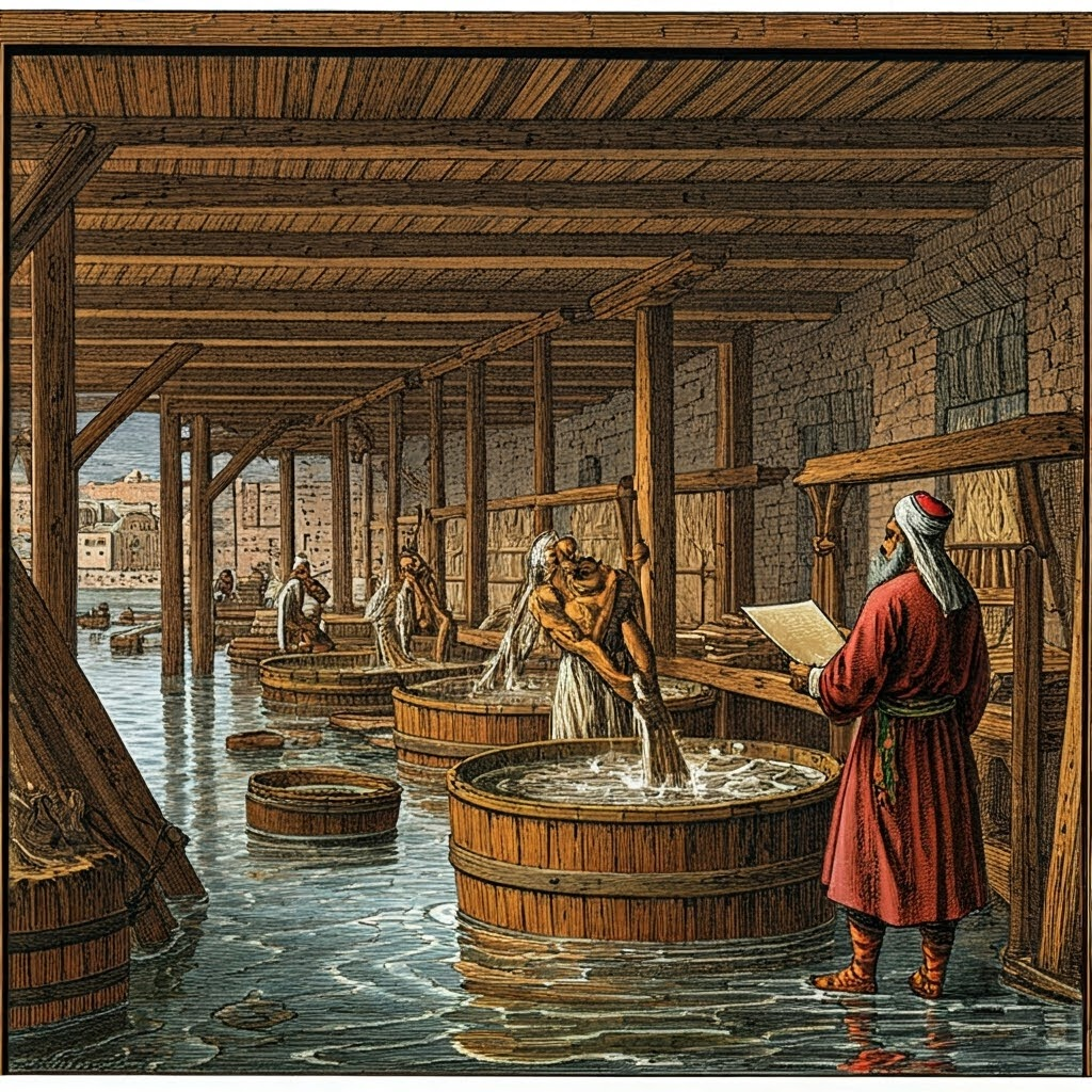 Historic engraving of a paper mill in Samarkand where workers craft linen-based sheets, marking paper’s westward journey