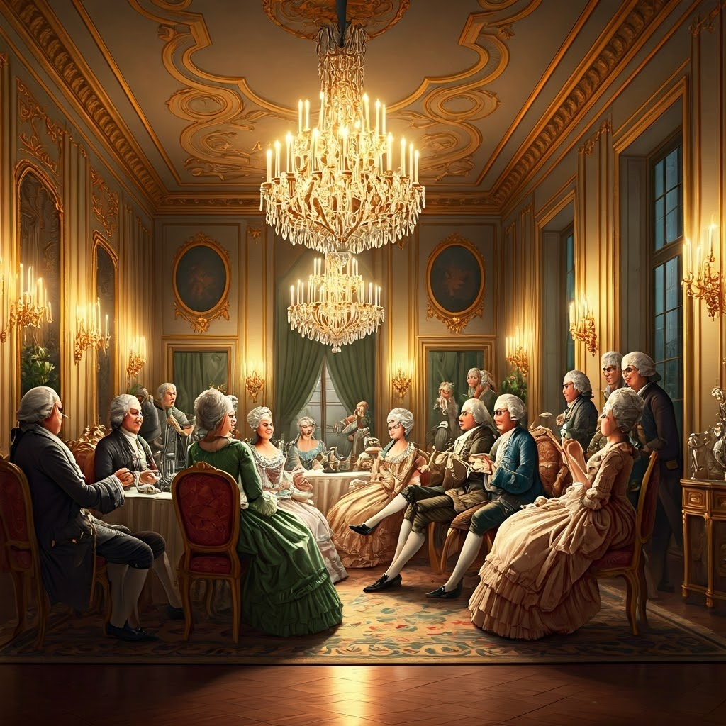 Parisian salon filled with elegantly dressed guests exchanging ideas beneath glittering chandeliers, capturing the vibrant intellectual life of Enlightenment Paris.