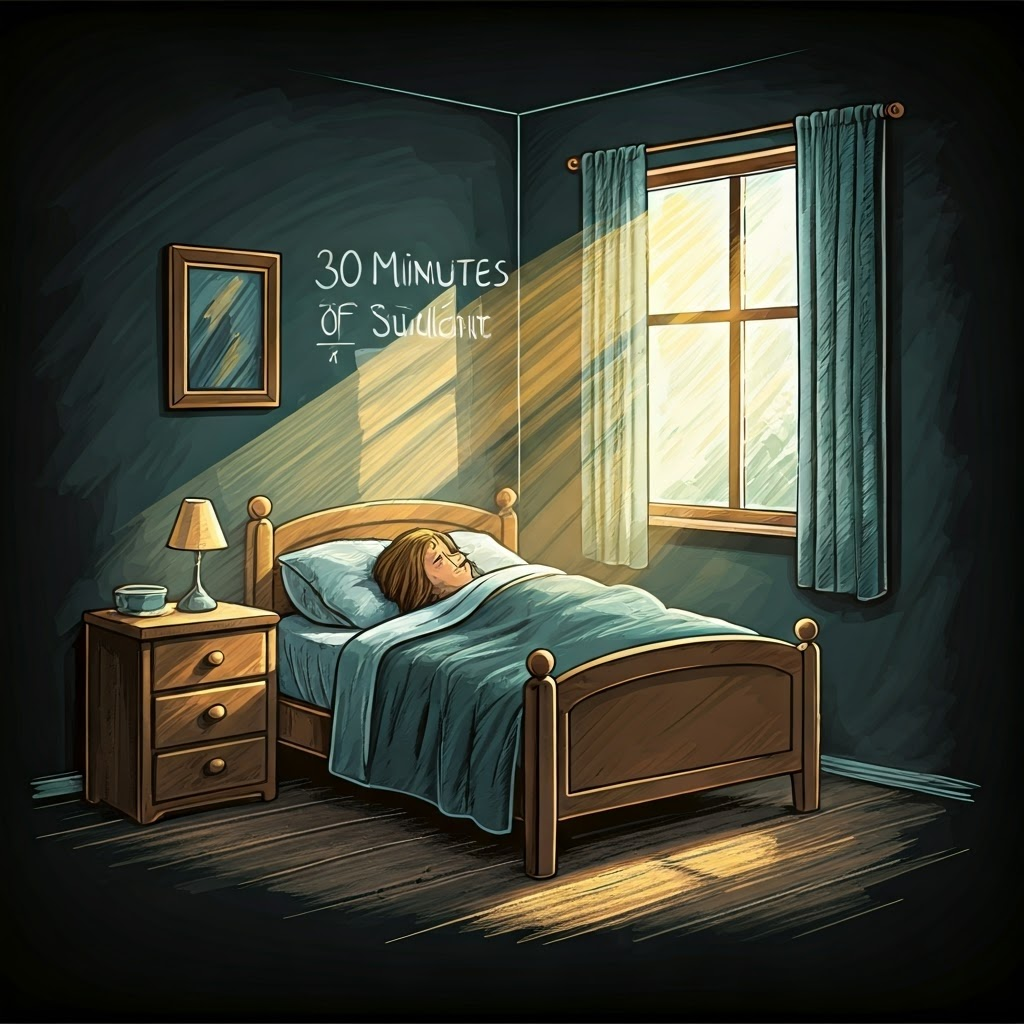 Chalkboard illustration of morning sunlight pouring into a bedroom, highlighting a note that reads "30 Minutes of Sunlight".