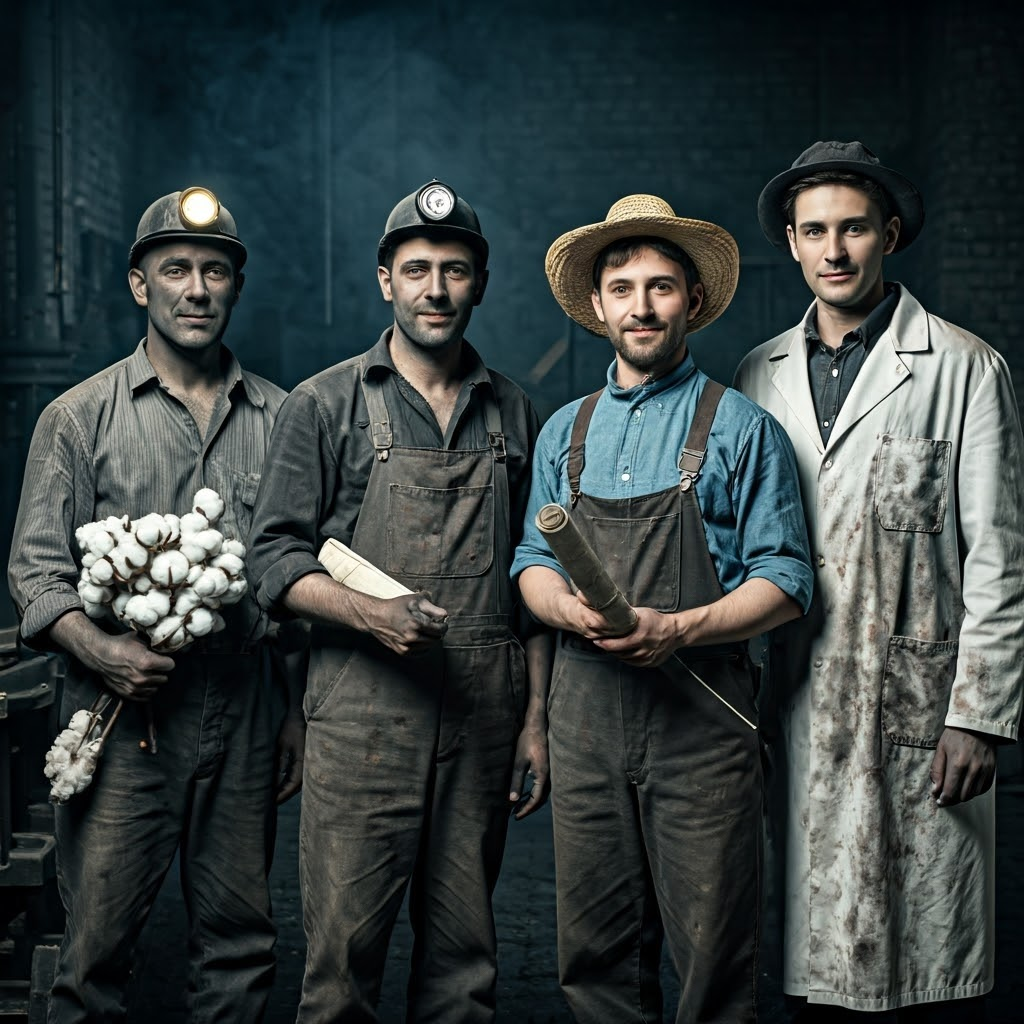 Four 19th-century workers—a Belgian miner, British mechanic, American farmer, and German chemist—stand together in a dim workshop.