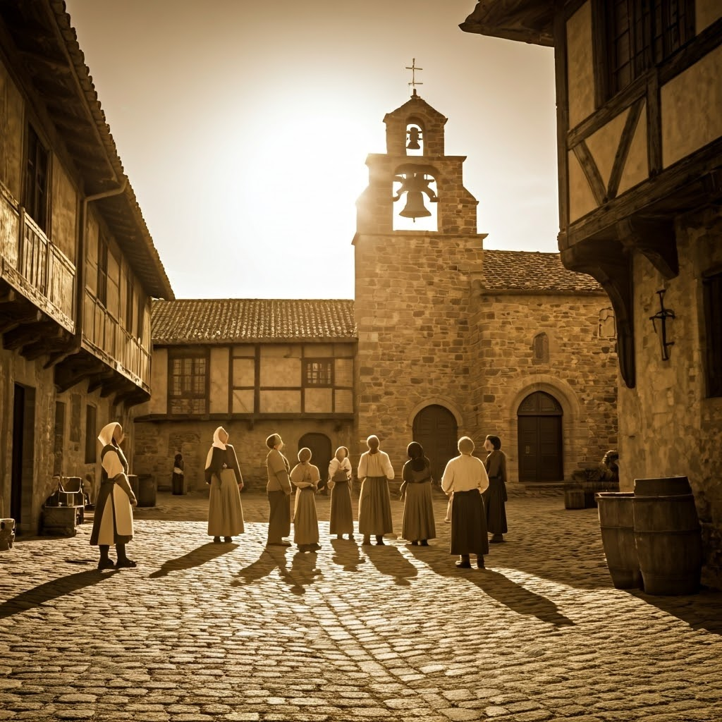 Villagers in a square glance at the sun’s height while a church bell tower stands ready to chime.