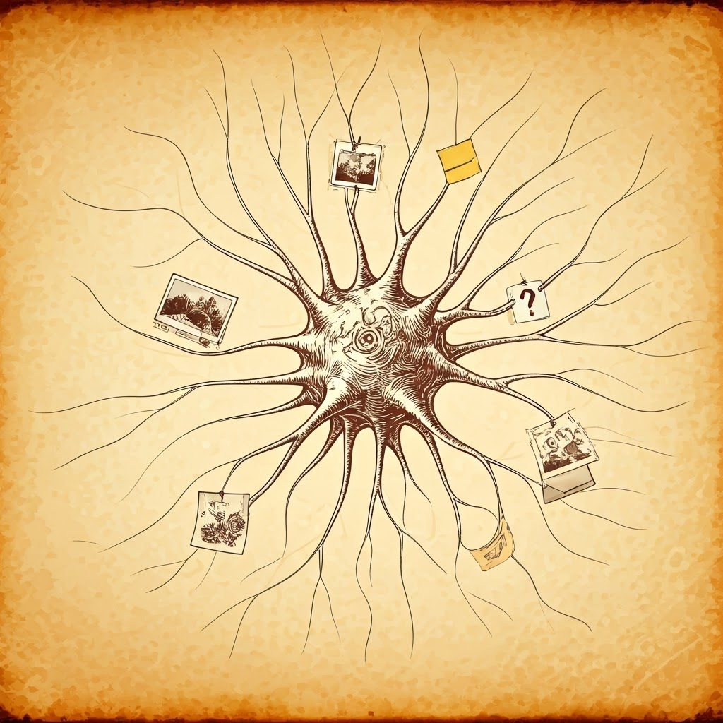 Intricate line drawing of neuron branches linking snapshots of memories, plans, and questions on a warm sepia backdrop, hinting at gentle mind-wandering.
