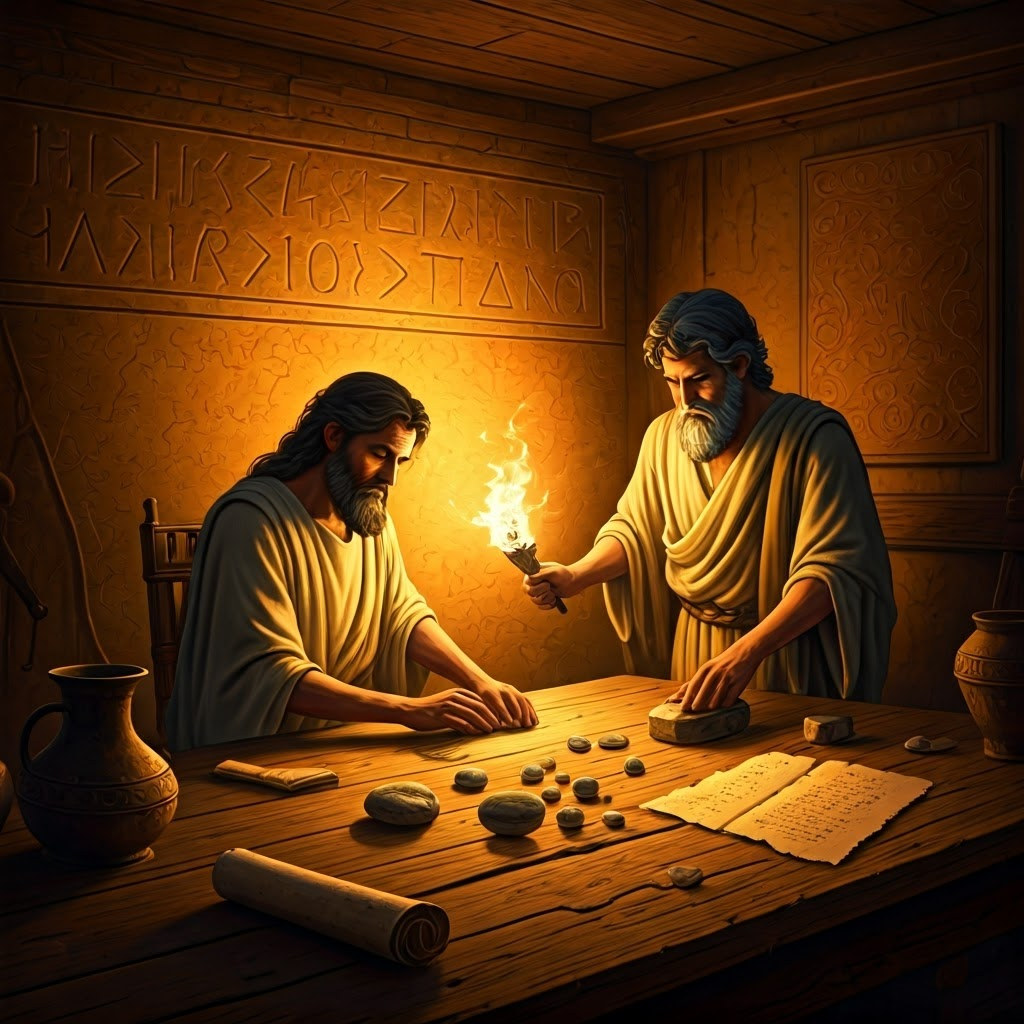 Ancient torch-lit workshop where scholars test static effects with combs and stones, symbolizing early scientific curiosity.